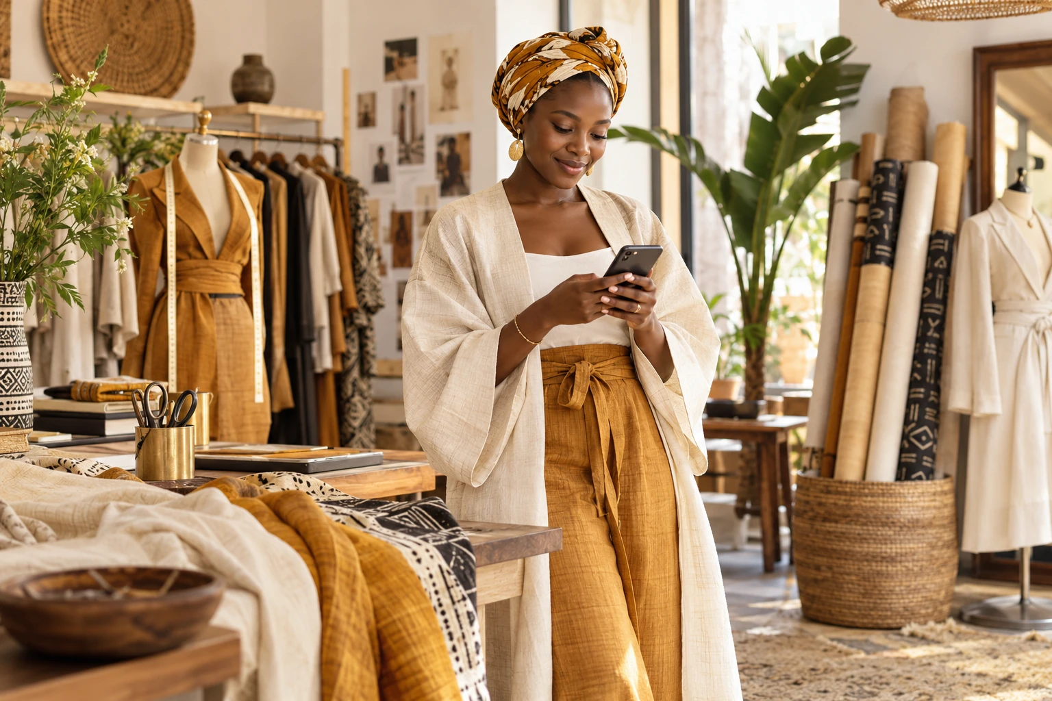 Créatrice de mode consultant son téléphone dans un atelier lumineux