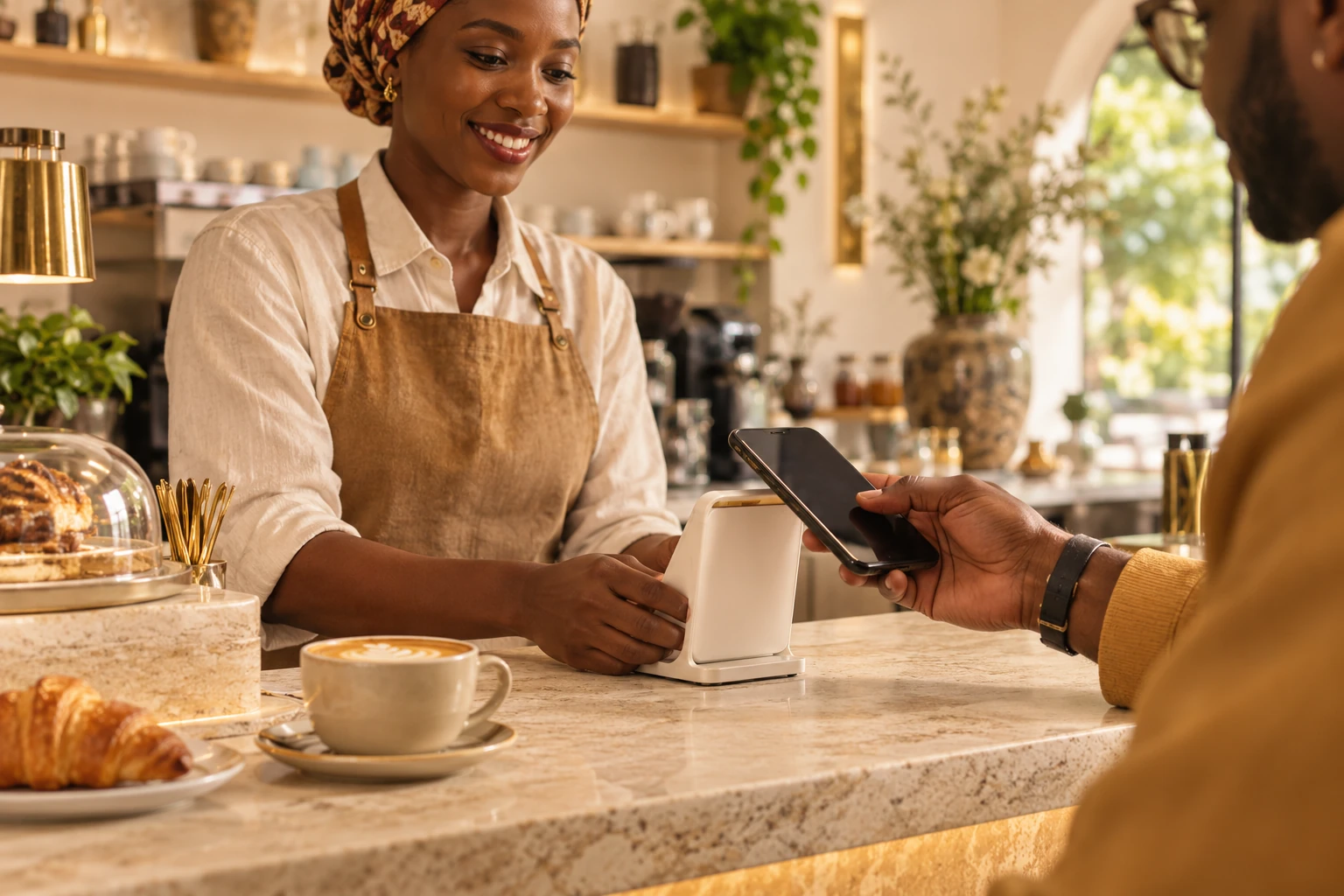 Cliente et commerçante utilisant leur téléphone dans une boutique lumineuse