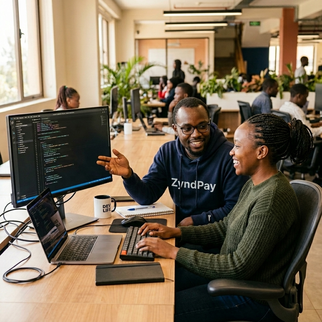 Équipe d'ingénieurs africains collaborant sur du code
