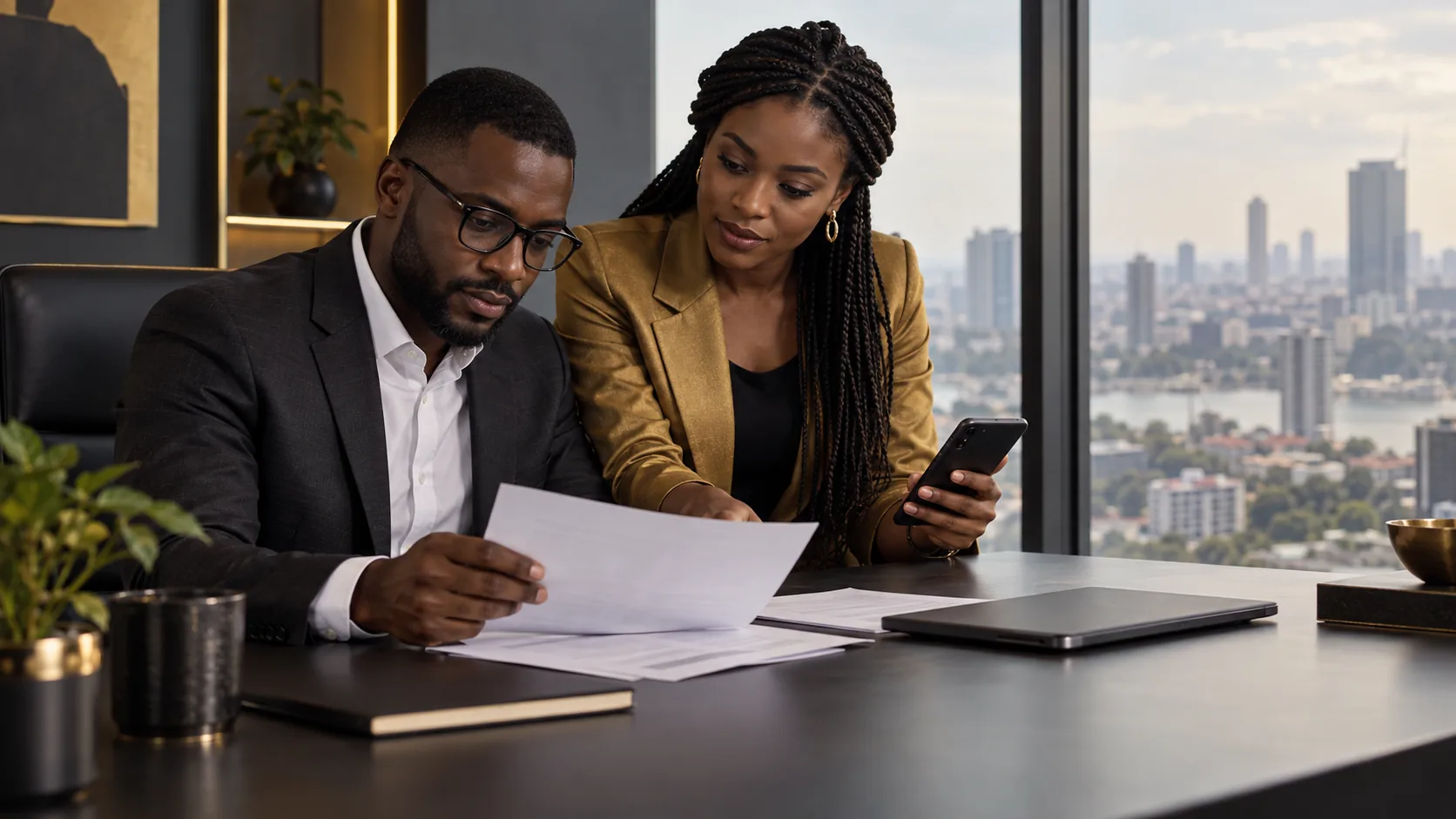 Deux professionnels examinant ensemble des documents et un téléphone