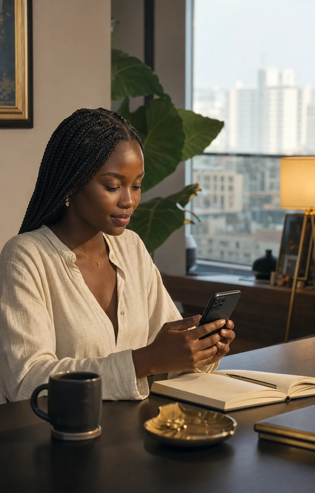 Someone manages their money on a phone, in a bright workspace.