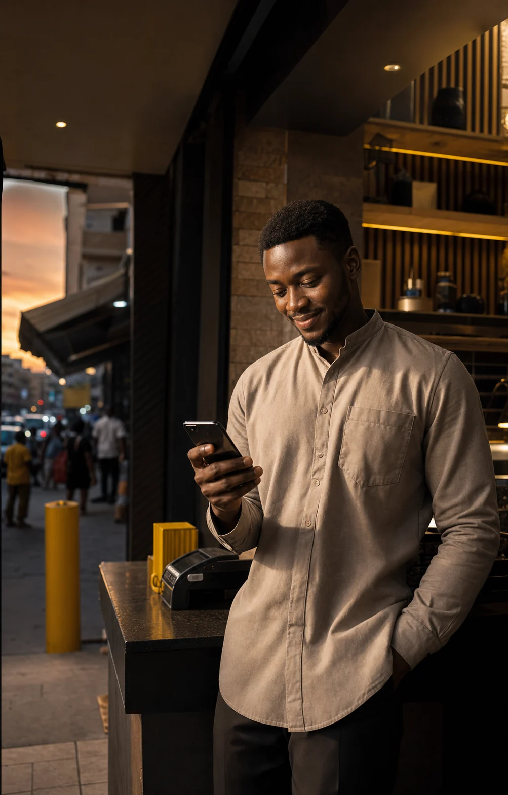 Someone checks a payment confirmation on their phone, at their business.