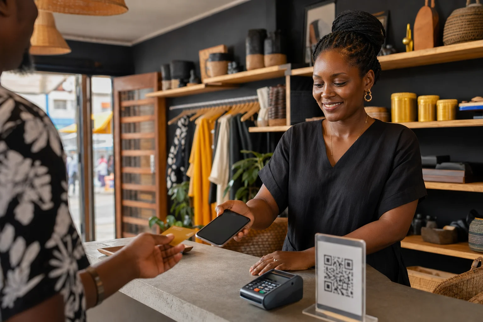 A merchant confirms a mobile payment with a customer, in their shop.