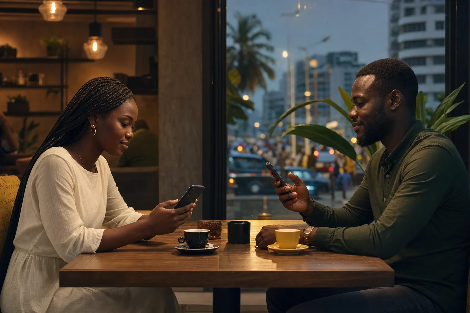 Two people confirm a P2P exchange held in escrow, on their phones.